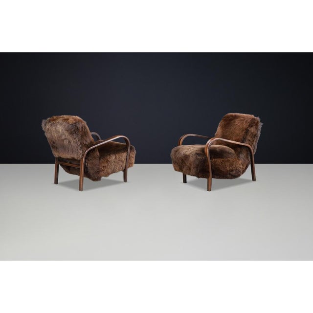 Set of Lounge Chairs in Texel Sheepskin and Brown Patinated Frame by Kozelka & Kropacek, 1940s For Sale - Image 4 of 11