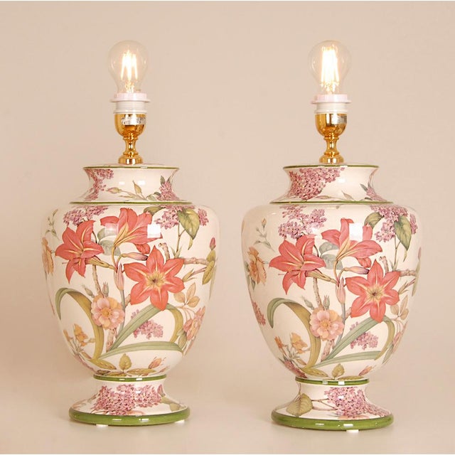 1980s Vintage Italian Table Lamps Ceramic Floral Tall Porcelain Vase Lamps Tariff Free Delivery - A Pair For Sale - Image 5 of 12