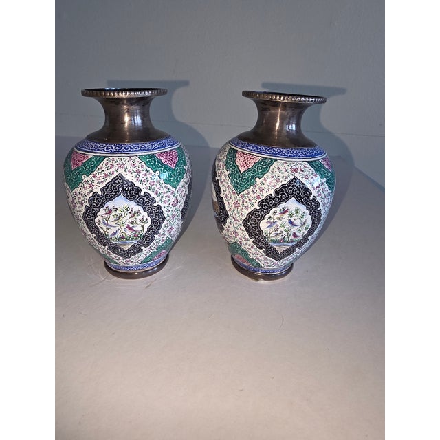 1920s Pair of Persian SilvervAnd Enamel Vases For Sale - Image 5 of 10