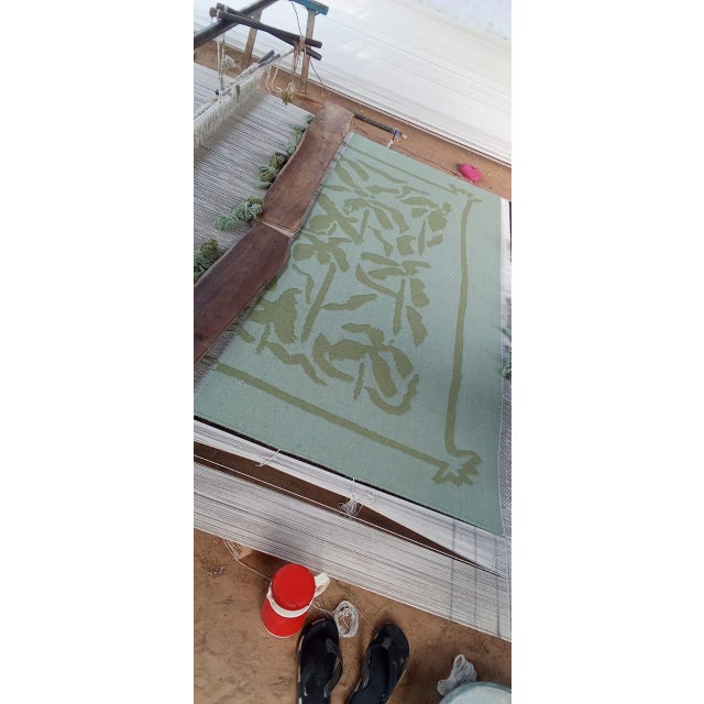 Handmade Woolen Flat Weave Geometric Floral Patterned Mint Green Area Rug - 6.5'x9' For Sale - Image 11 of 13