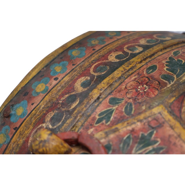Antique Indonesian Handcrafted Metal Storage Vessel With Hand-Painted Floral Cartouches & Ornamental Hardware For Sale - Image 13 of 18