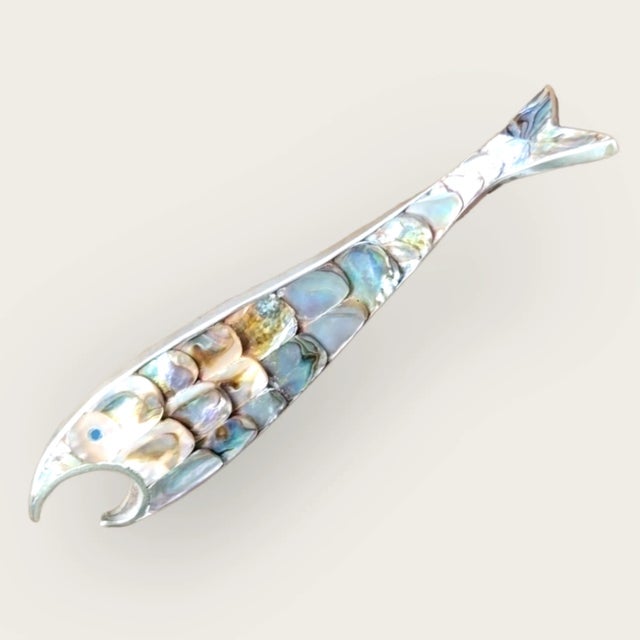 Rare Vintage 1970s Los Castillos Silver Style Abalone Fish Bottle Opener - Sculptural Silver & Iridescent Gem For Sale - Image 4 of 9