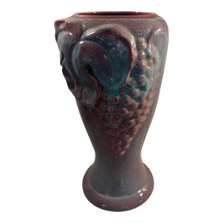 Vintage Large West Coast Pottery Purple and Blue Drip Vase With Raised Grapes Design For Sale