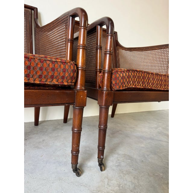 Wood 1970’s Hickory Chair Regency-Style Faux Bamboo Caned Armchairs on Brass Casters – A Pair/Sold For Sale - Image 7 of 12