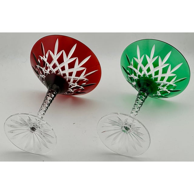 Mid 20th Century Stunning Set of 5 Large Vintage Mid Century 2 Color Overlay Deep Hand Cut to Clear Martini & Wine Glasses For Sale - Image 13 of 18