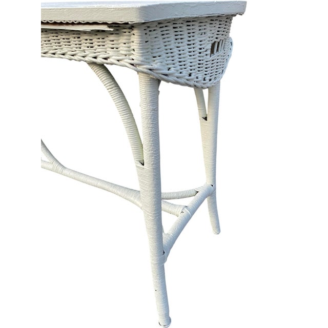 Wood Antique Victorian Wicker Console Table, Seaglass Painted, C. 1900 For Sale - Image 7 of 7