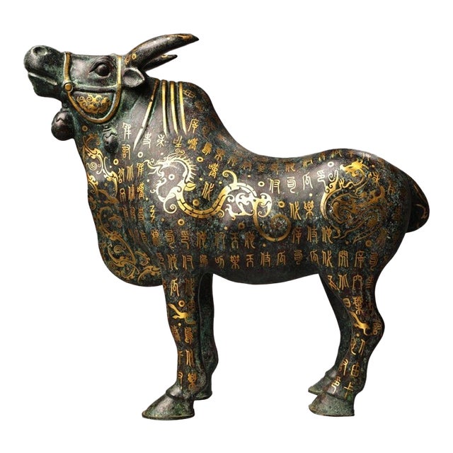 Large Bronze Ox Statue With Gold Inlay, Ancient Script and Dragon Motifs For Sale