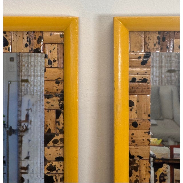 Mid 20th Century Vintage Boho Chic Tortoise Shell Bamboo & Mustard Yellow Wall Mirrors, a Pair For Sale - Image 5 of 10