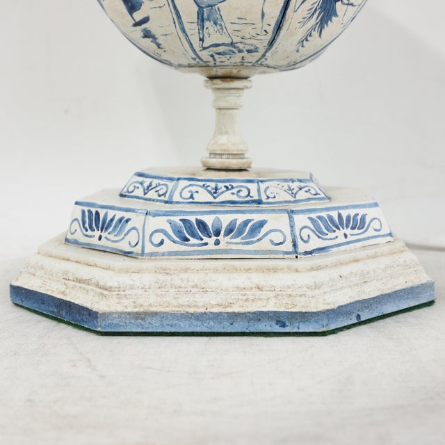 Vintage Hand-Painted Dutch Blue and White Tile-Style Metal Table Lamp - Octagonal Urn With Pastoral Scenes For Sale - Image 12 of 17