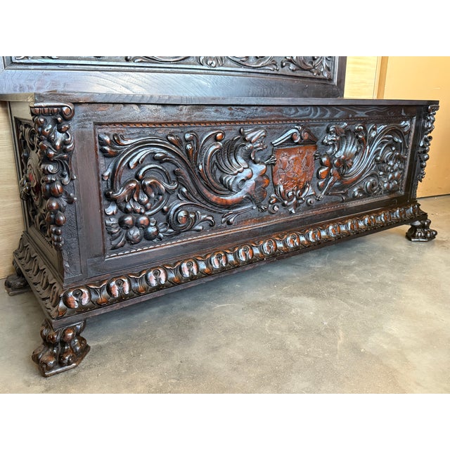 19th Spanish Baroque Carved Large Hall Bench With Storage For Sale - Image 12 of 15