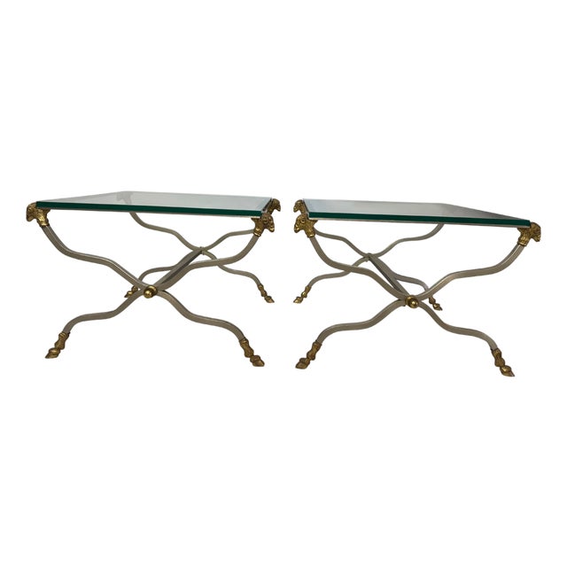 Mid 20th Century Neoclassical Style Glass-Top Coffee Tables with Rams Heads - A Pair For Sale
