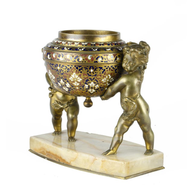 Late 19th Century Late 19th Century Napoléon III Gilt Bronze Sculpture of Putti and Champlevé Bowl With Marble Base, France For Sale - Image 5 of 9