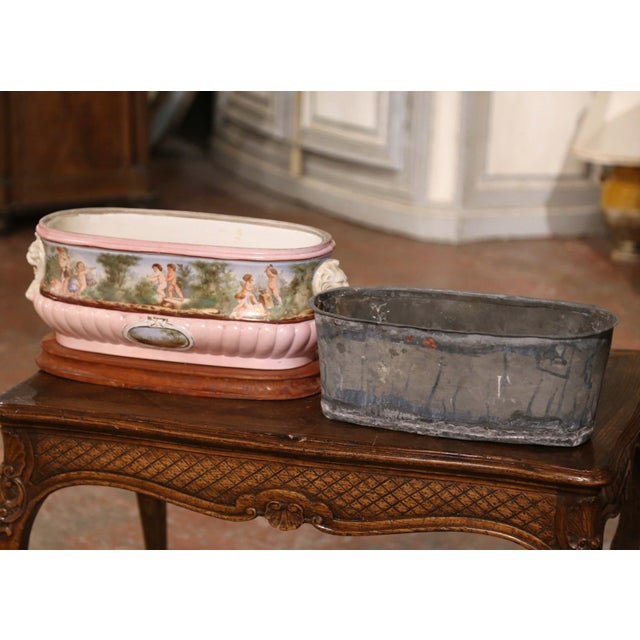 Pink 19th Century French Hand Painted Faience Jardinière on Wood Base With Zinc Tray For Sale - Image 8 of 8