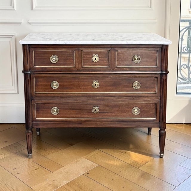Antique French Louis XVI Mahogany Commode With Carrara Marble For Sale - Image 4 of 17