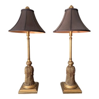 Late 20th Century Large Italian Tassel Buffet Lamps With Black Shades, Pair For Sale
