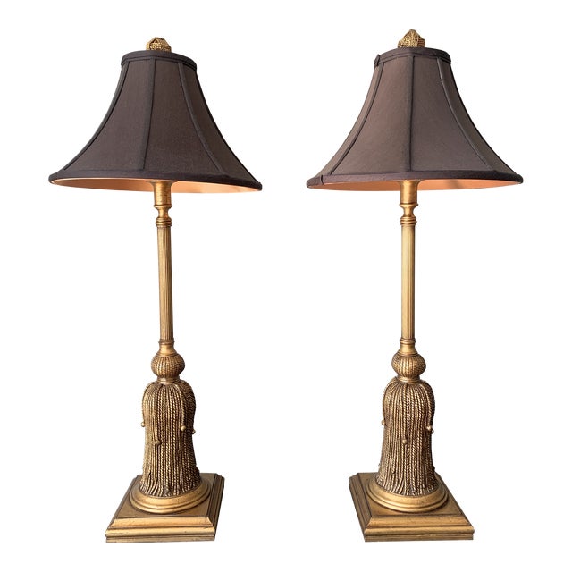 Late 20th Century Large Italian Tassel Buffet Lamps With Black Shades, Pair For Sale