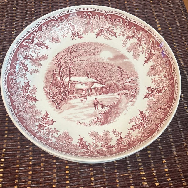 Spode Winters Eve 10” Pasta Bowls -set of 3. These bowls feature a pastoral scene with a snow covered cabin, bare trees, a...