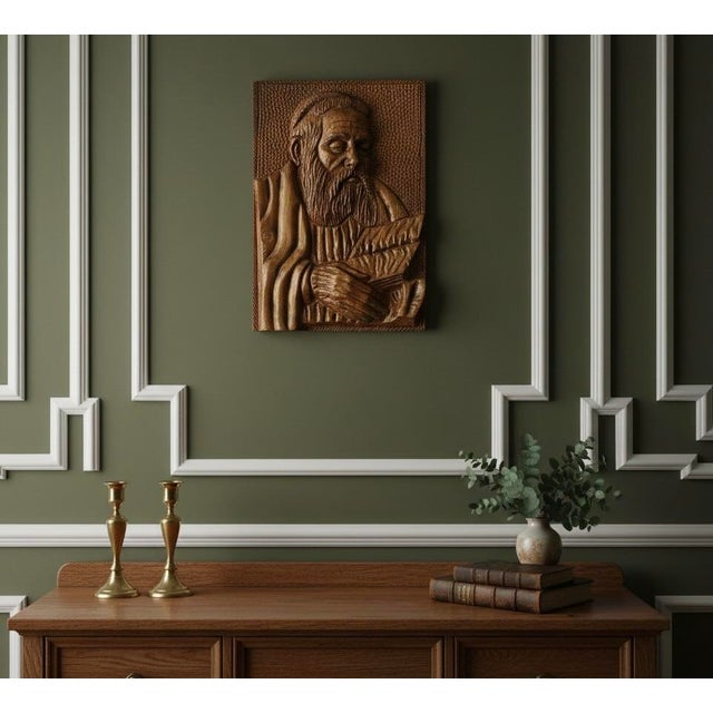 Hand Carved Wood Rabbi Torah Wall Plaque Folk Art-Bas Relief-Judaica-Religious For Sale - Image 11 of 11