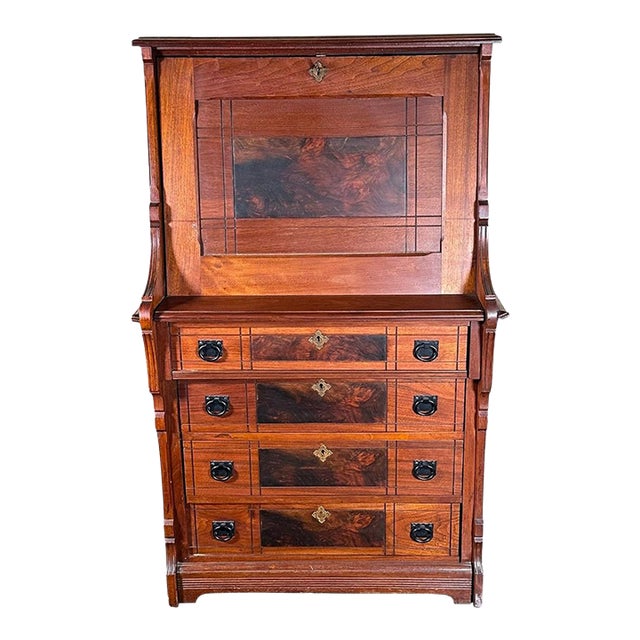 Antique Victorian Drop Front Secretary Desk Bureau Eastlake Attributed With Key For Sale