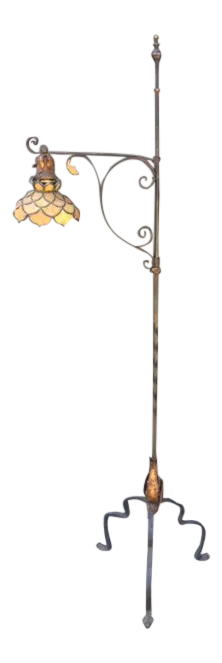 1900's European Wrought Iron Floor Lamp With Glass Leaded Shade