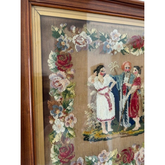 Late 19th Century Antique Victorian Needlepoint “Jacob’s Coat” Scene in Mahogany & Gilt Frame For Sale - Image 5 of 9