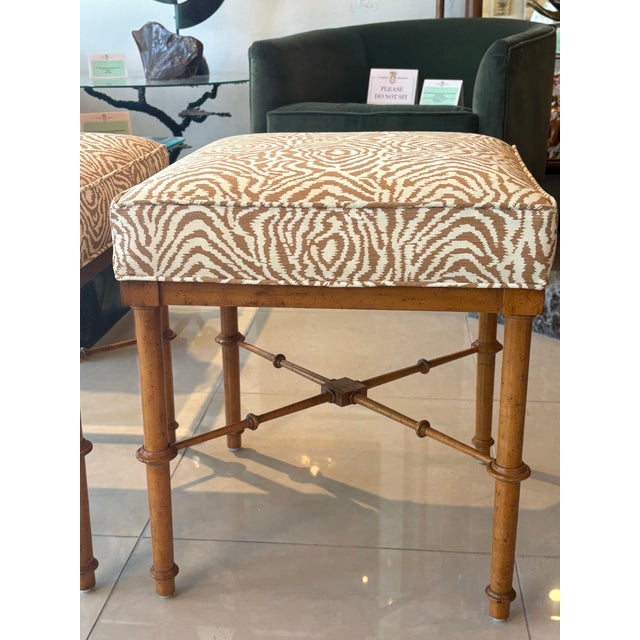 Pair Vintage Faux Bamboo Wood Benches Ottomans Newly Upholstered Quadrille For Sale - Image 4 of 12