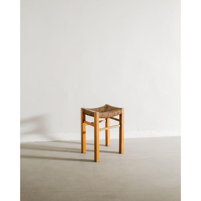 1960s French Mid-Century Wooden Four Legged Straw Stool attributed to Charlotte Perriand, 1960s For Sale - Image 5 of 5