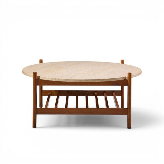 Folke Ohlsson for Dux Style Mid Century Teak and Travertine Top Coffee Table For Sale In Chicago - Image 6 of 7