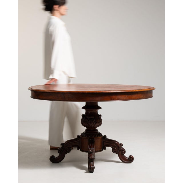 This round table makes its impression through dark burl walnut top, carved tripod pedestal base. Dating to 19th Century...