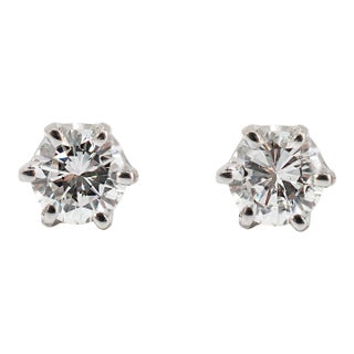 14k White Gold 6 Prong Screw Back 0.55ct Round Diamond Stud Earrings, A Pair For Sale