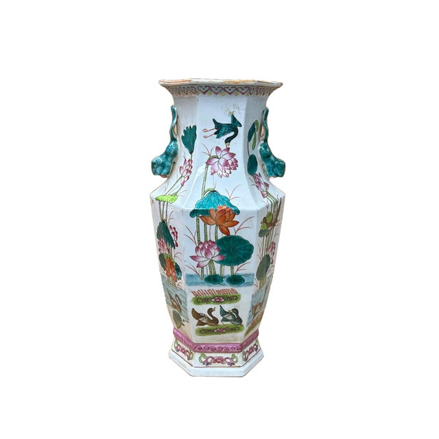 Ceramic Oriental Hexagonal Floral Peacocks Graphic Porcelain Art Vase For Sale - Image 7 of 7