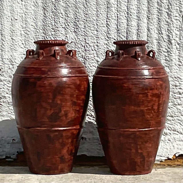 Late 20th Century Vintage Boho Painted Terracotta Urn - a Pair For Sale - Image 5 of 6
