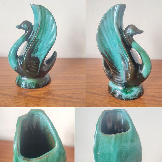 Mid-Century Canadian Blue Earthenware Mountain Pottery Set with Swan Vase, Jug, Bowl and Tray from BMP, 1970s, Set of 4 For Sale - Image 9 of 12