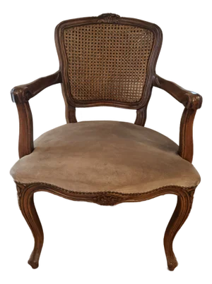 Vintage Petite Carved Wood Arm Chair With Cane Back and Suede Seat