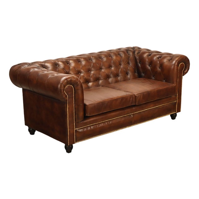 Chesterfield Style 6 Foot Cognac Brown Tufted Leather Sofa For Sale
