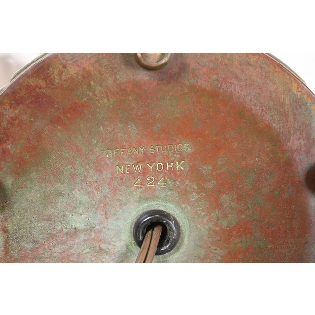 Tiffany Studios New York Bronze Harp Desk Lamp With Pulled Feather Favrile Glass Shade For Sale - Image 13 of 15