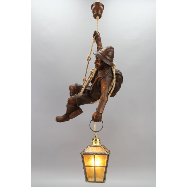 Large German Pendant Light Fixture with Carved Climber Figure and Lantern, 1930s For Sale - Image 12 of 18