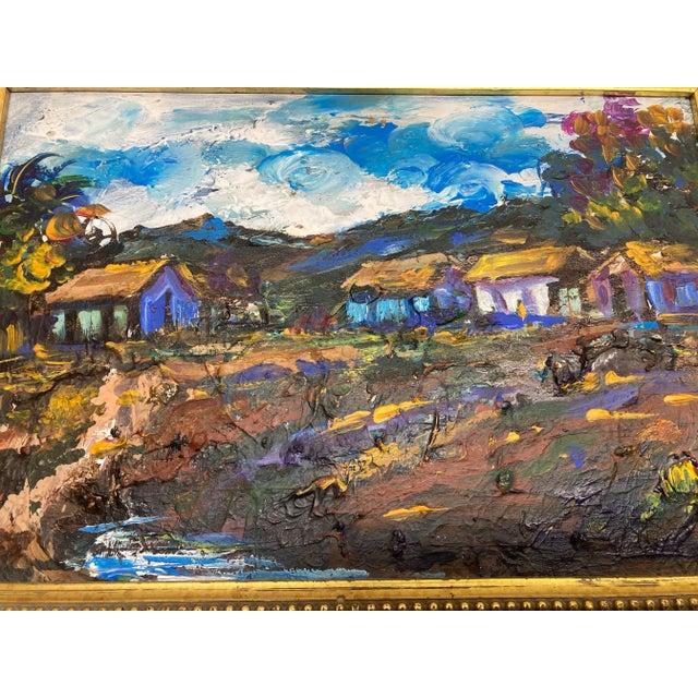 I love the color palette of this unsigned knife blade painting of a tropical coastal landscape. It has about every color...