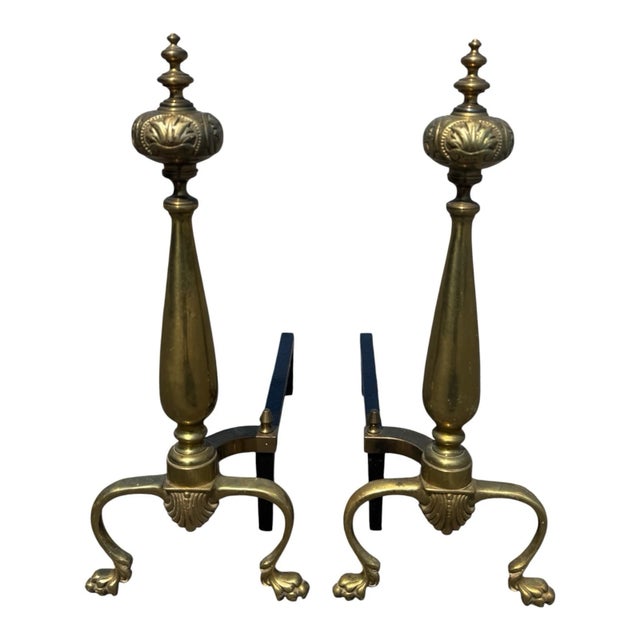 Victorian Antique 1920s Brass Fireplace Andirons Pair Refurbished Colonial Hearth Decor For Sale - Image 3 of 18