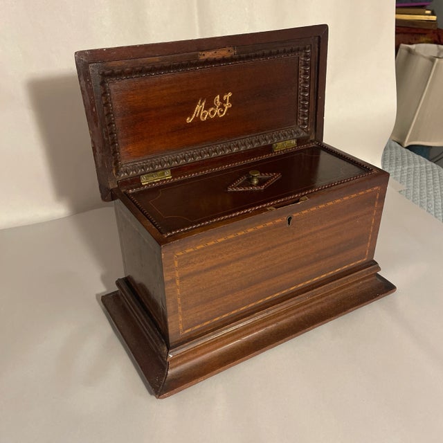 Antique 19th Century Satinwood Barber Pole Inlaid Box with Diagonally Matched Mahogany Top. When opened, the underside of...