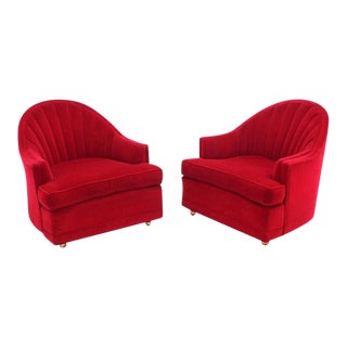 Red Upholstery Barrel Scallop Shape Back Lounge Chairs - A Pair For Sale