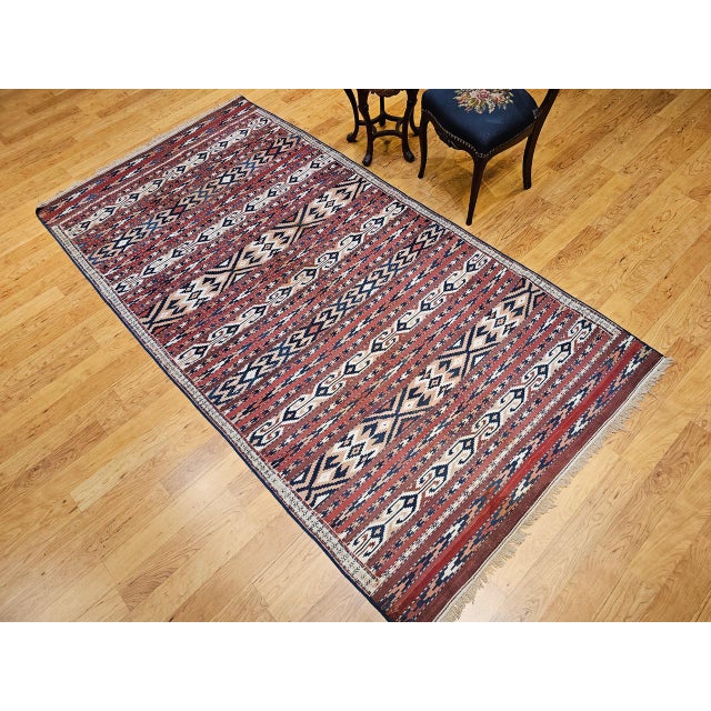 Antique Turkmen Yomut Soumak Kilim, Handwoven Wool, Geometric Pattern, Rust & Blue, 5’ X 10’ For Sale - Image 12 of 13