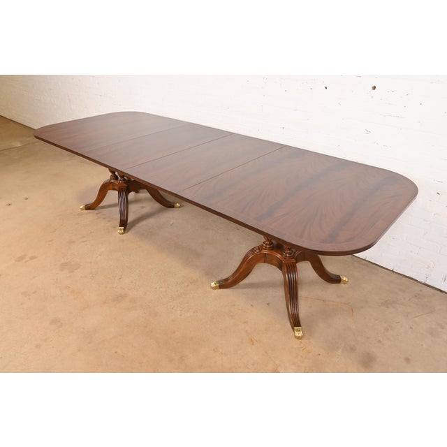 Drexel Heritage Georgian Banded Flame Mahogany Double Pedestal Extension Dining Table, Newly Refinished For Sale - Image 14 of 14