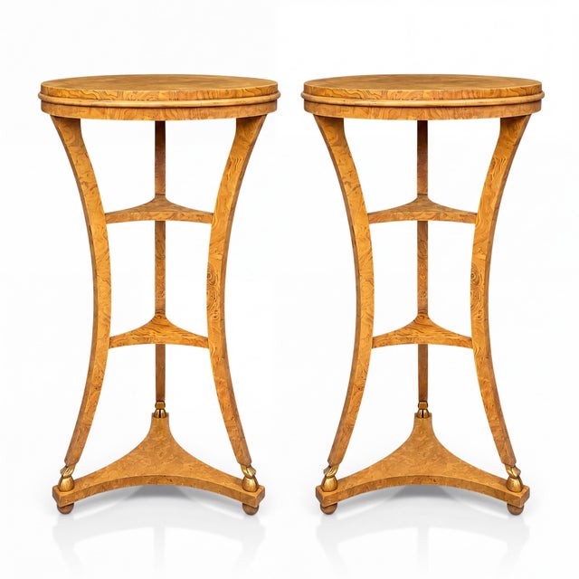 Neo-Classical Style Burl & Gilt Pedestals / Tables by Baker Furniture- Pair For Sale - Image 12 of 13