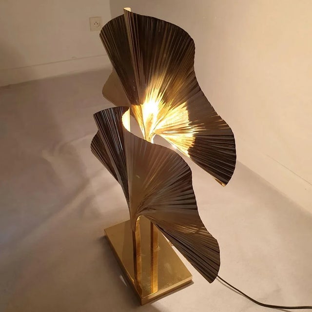 Pair of Ginkgo Brass Table Lamps, Mid Century Modern Italy For Sale In Dallas - Image 6 of 12