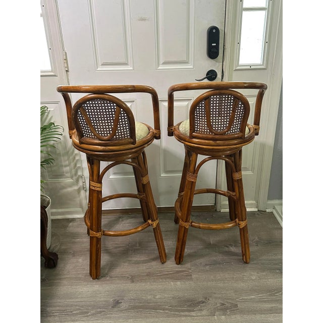 1960s 1960s Mid-Century Modern Upholstered Bamboo Swivel Bar Stools - Set of 2 For Sale - Image 5 of 10