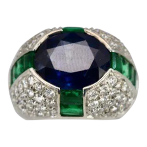 1990s Bulgari Trombino Sapphire Emerald Diamond Ring Size 5.75