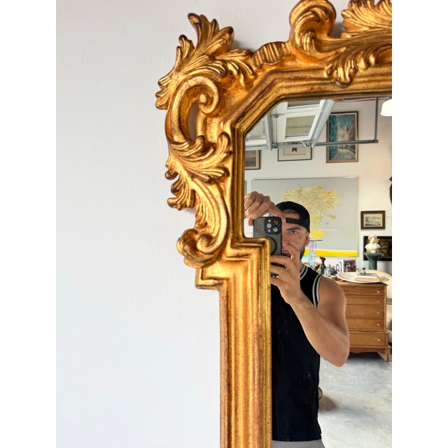 Gold Vintage Hollywood Regency-Style Carved Wood Gold Wall Mirror/ For Sale - Image 8 of 12