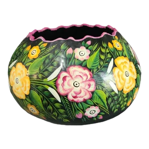Hand Painted Enamel Gourd Mexican Folk-Art Floral Scalloped Edge Bowl