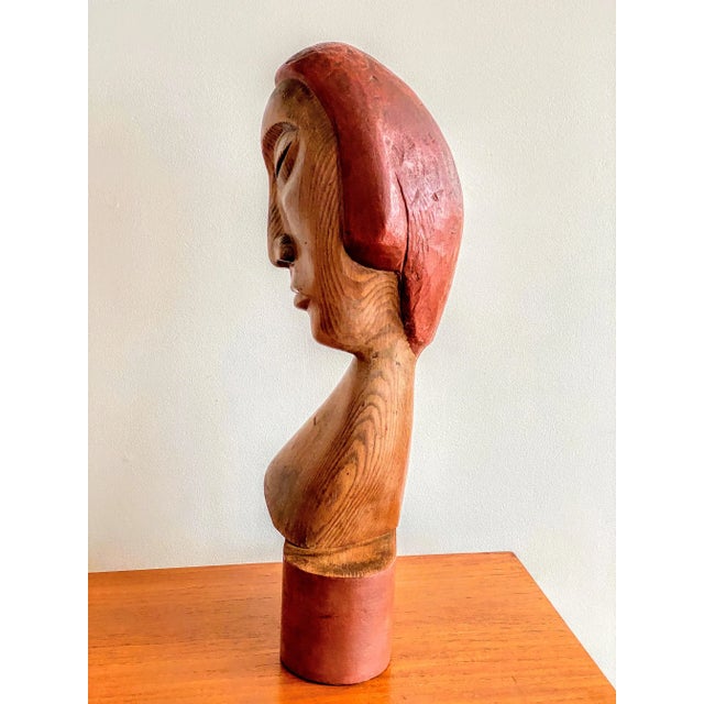 Mid 20th Century Large Carved Wood Bust of Androgynous Figure For Sale - Image 5 of 10